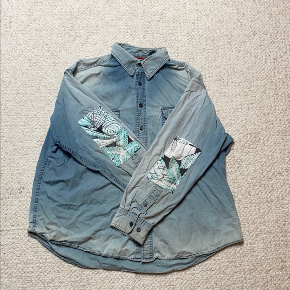 Denim shirt with Recycled Hawaiian Shirt arm pads